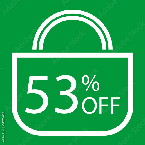 53 percent off. Green banner with shopping bag illustration.
