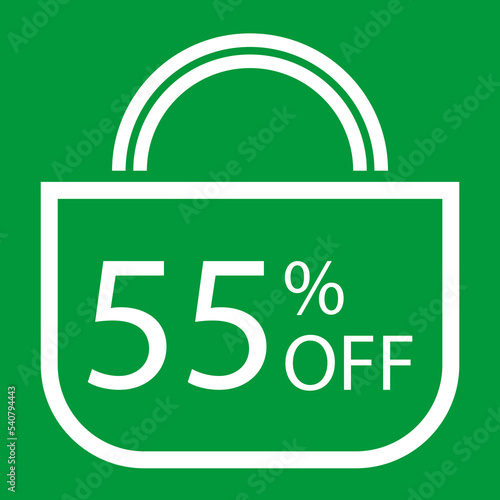 55 percent off. Green banner with shopping bag illustration.