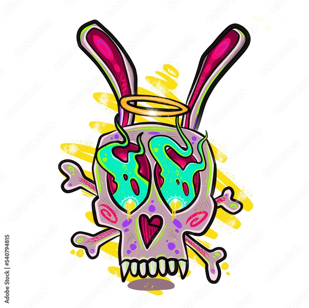 Fototapeta premium Skull with rabbit ears with fire from eyes colorful illustration print