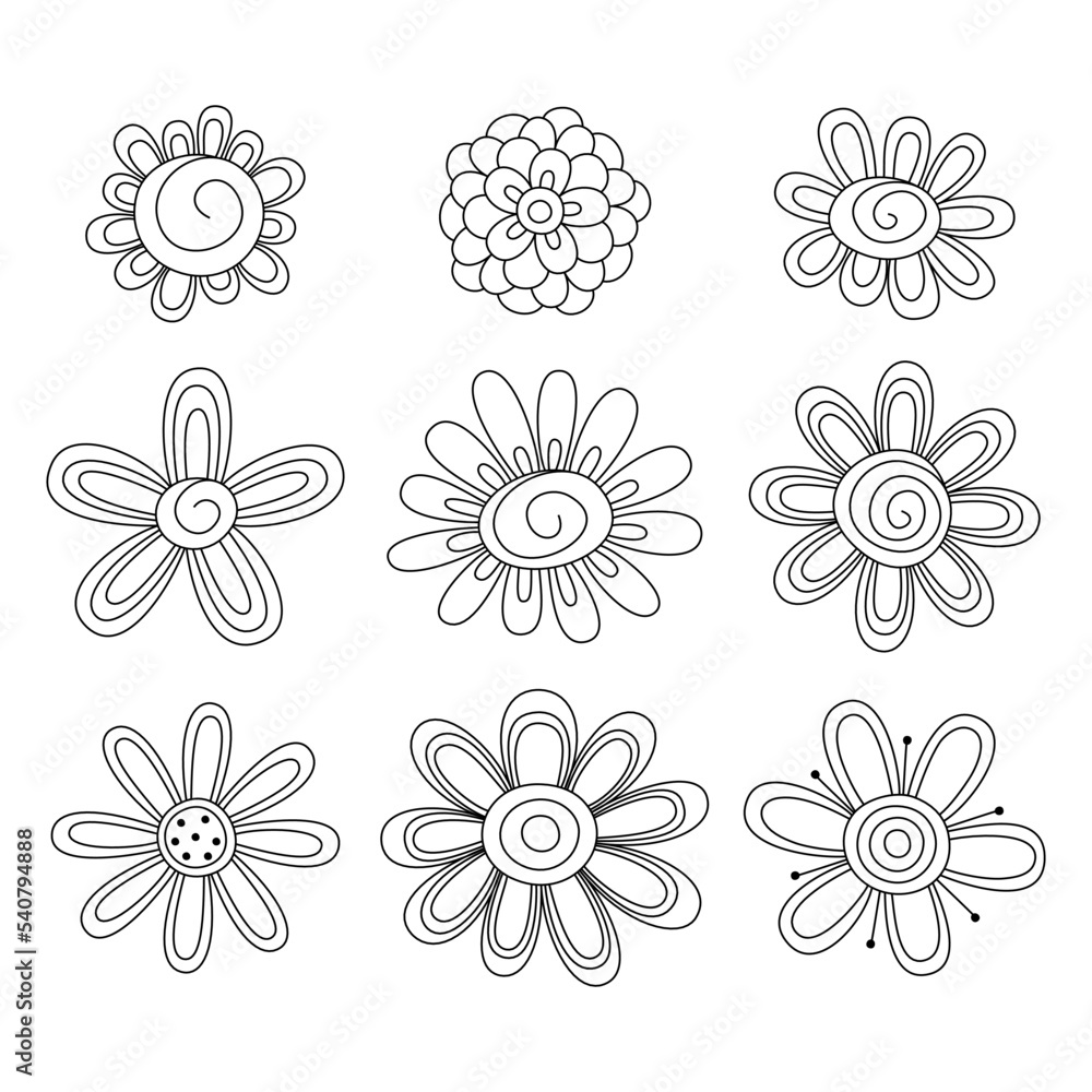 Hand-drawn set of doodled flowers Hand-drawn set of doodled flowers