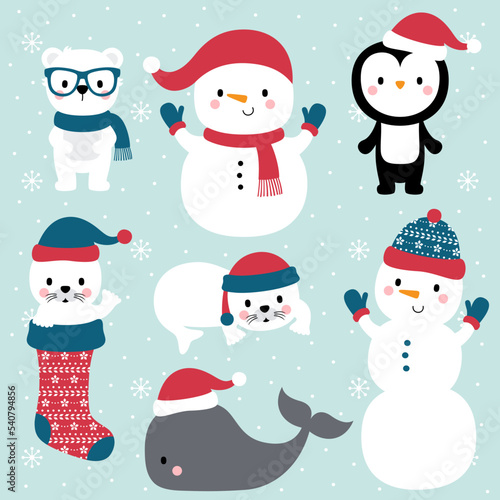 Hand-drawn Christmas animals and snowpeople