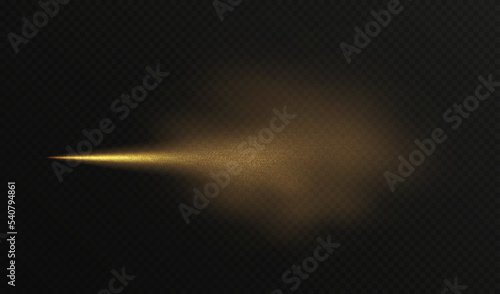 Golden spray mist with glitter particles, fashion shimmer freshener with haze isolated on a dark background. Realistic vector effect. Luxury scent template.