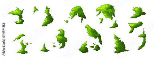 Green swamp moss in different shapes. Plant in forest and nature game element. Graphic template isolated on white background. Vector illustration