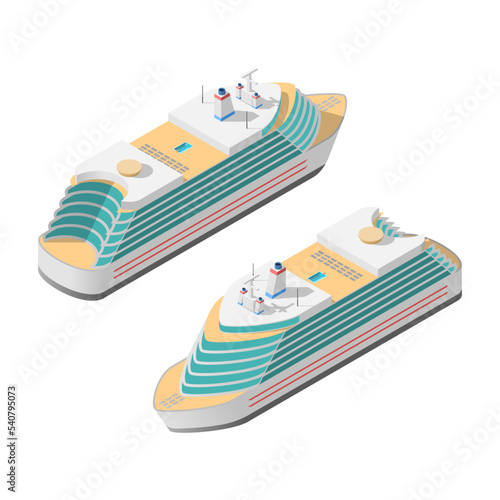 Set Abstract Isometric Collection A Cruise Ship 3D Ship Boat Water Transportation Trucking Technique Vehicle Vacation Tourism Vector Design Style