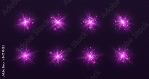 Lens flares with sparkles, pink starbursts set, shiny camera flashes. Glowing lasers with particles, transparent overlay glare effect. Magic spark with fairy dust. Vector illustration.