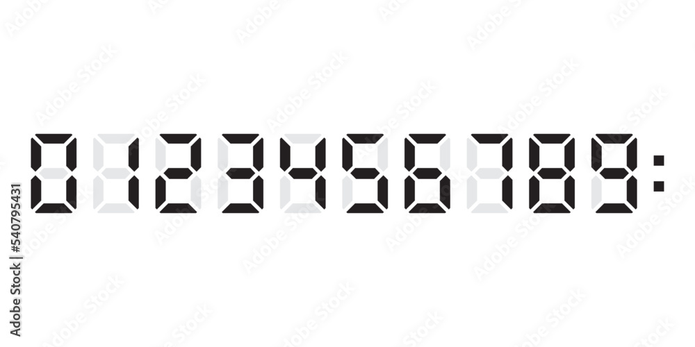 Digital clock number set. Led digit set. Electronic figures. Calculator