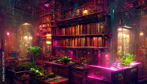 Cyberpunk oxford style historical library with plants illustration