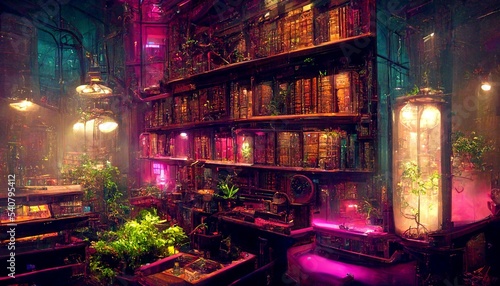 Cyberpunk historical library with plants and big windows illustration
