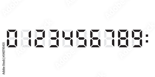 Digital clock number set. Led digit set. Electronic figures. Calculator digital numbers. Set black and white electronic figures. Vector illustration
