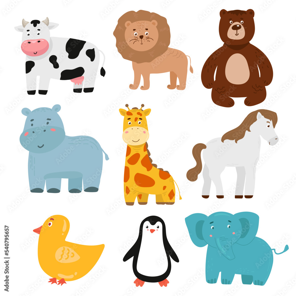 Naklejka premium Set of Safari Animals Illustration cow lion bear hippo giraffe horse elephant penguin duck.
