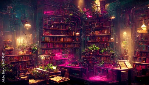 Cyberpunk historical library with neon lights illustration