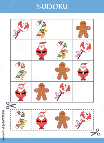 Sudoku for kids. Simple logic game. Cut and glue. Vector worksheet