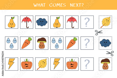 Simple logic game for kids. Find the next object in the row. Cut and glue. Vector worksheet