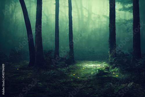 Magical fairy tale forest landscape background with fog and light