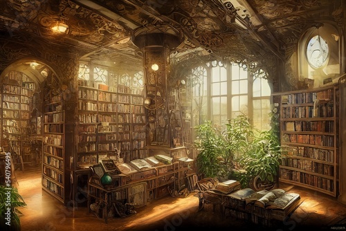 Steampunk victorian old historical library illustration