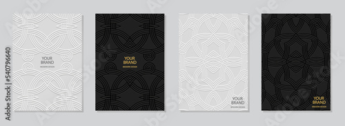 Set of ethnic exotic covers, vertical templates. Collection of embossed geometric backgrounds with 3D art deco pattern, press paper. Tribal textures of East, Asia, India, Mexico, Aztec, Peru.