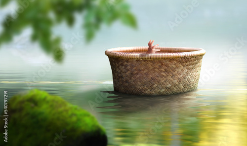 Fotografie, Obraz Baby child Moses in a basket floating on a river