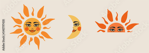 Sun, sunset and moon with boho style face. Can be used as a print for t-shirts and bags, as an element of decor.Vector astrology symbol, hand drawn.