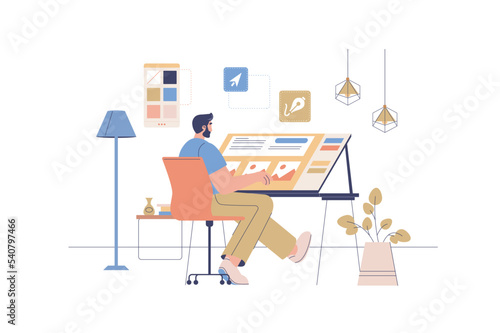 Designer studio web concept with people scene. Illustrator working at drawing table with pen and palette. Creative artist making content. Character situation in flat design. Vector illustration.