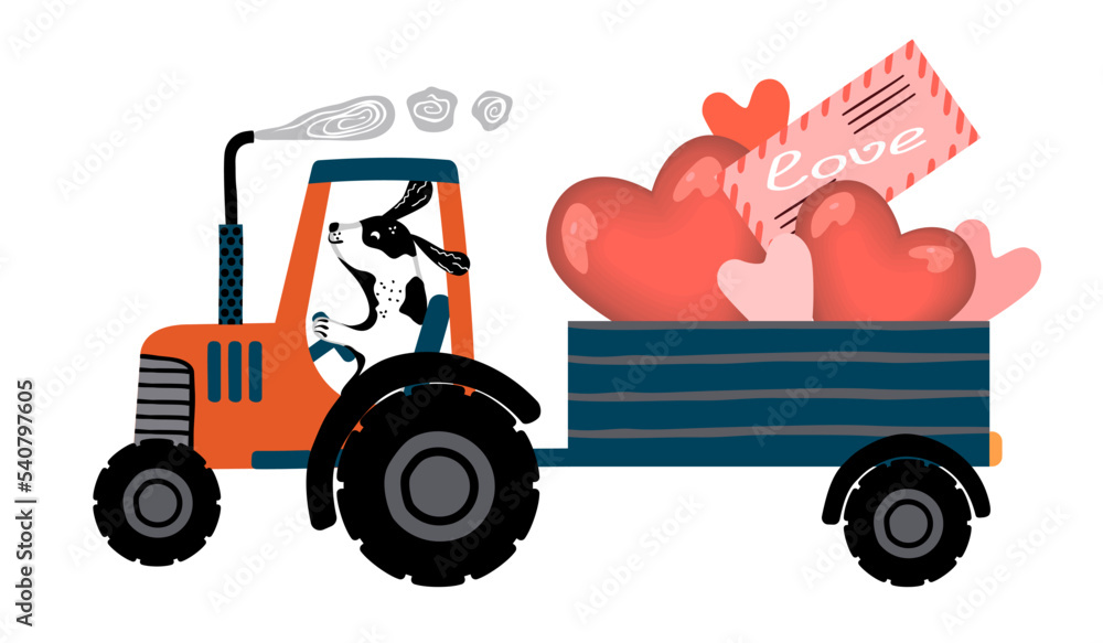 Valentine's Day tractor with a trailer full of hearts and the envelope.Сute dog is driving.Vector drawing isolated on white background.Flat style cartoon illustration. Print on fabric and paper.