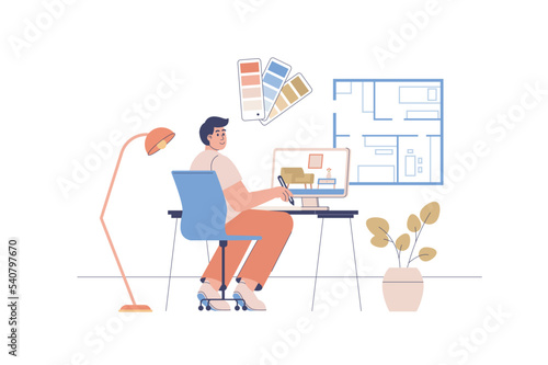 Interior designer web concept with people scene. Man placing furniture for future apartment, creating blueprint, working with color palette. Character situation in flat design. Vector illustration.