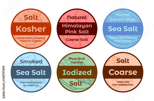 Sea salt circle emblem set vector flat natural pure crystal ingredient for cooking seasonings