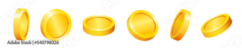 Gold coins in different positions. 3d isometric coins. Set of golden coins for online casino or video game. Vector clipart.