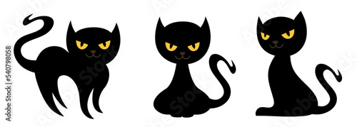 Black cat in different poses. Black cat with yellow eyes. Vector clipart isolated on white background.