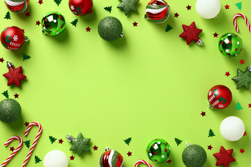 Green Christmas background with green and red ornaments and decorations top view. Christmas frame. New Year greeting card template.