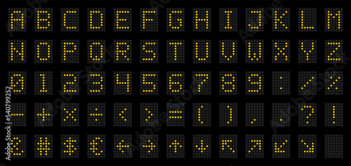 LED Digital Alphabet for Electronic Digital Display, Signages, Information Panels, Sports, Games, Data Boards, Schedules. Dot font with yellow letters, numbers, signs and symbols. Vector illustration