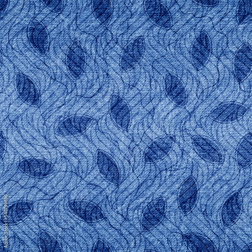 Denim seamless pattern. Repeated jeans background. Blue shibori texture. Repeating abstract printed. Modern vintage printing. Repeat design for prints. Denim faded material. Vector illustration