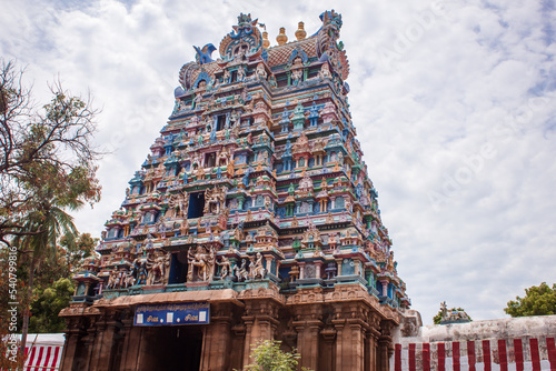 Main tower of Sri Thirumarainathar Temple, Thiruvathavur, Madurai, India. English traslation: Shiva Shiva photo