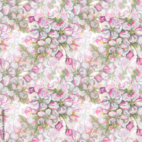 Watercolor, seamless pattern of apple, pink flowers on a white background. Spring, gentle, cute illustration for the decoration and design of fabric, textiles, wallpaper, wrapping paper, cover