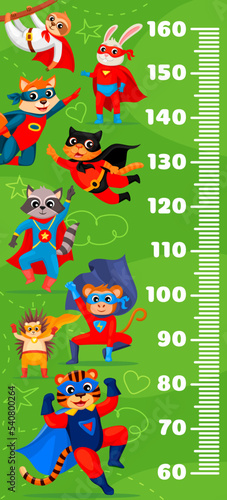 Kids height chart, superhero cartoon animal characters growth meter. Vector scale of children growth measure with funny cat, dog, raccoon and bunny personages wearing super hero capes and masks