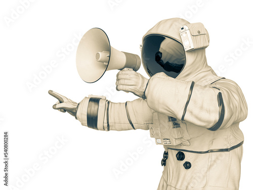 astronaut protesting with a bullhorn in hand close up