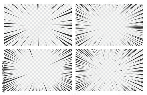 Manga transparent backgrounds, vector set of anime comic speed action effects with radial line frames. Comics book cartoon explosion flash, superhero motion, zoom or boom burst effects with light rays