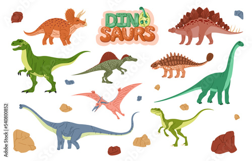 Cartoon dinosaur characters and dino eggs. Vector prehistoric monster animals, raptor personages of triceratops, pterodactyl, brontosaurus and stegosaurus, ankylosaurus, tyrannosaurus or t-rex