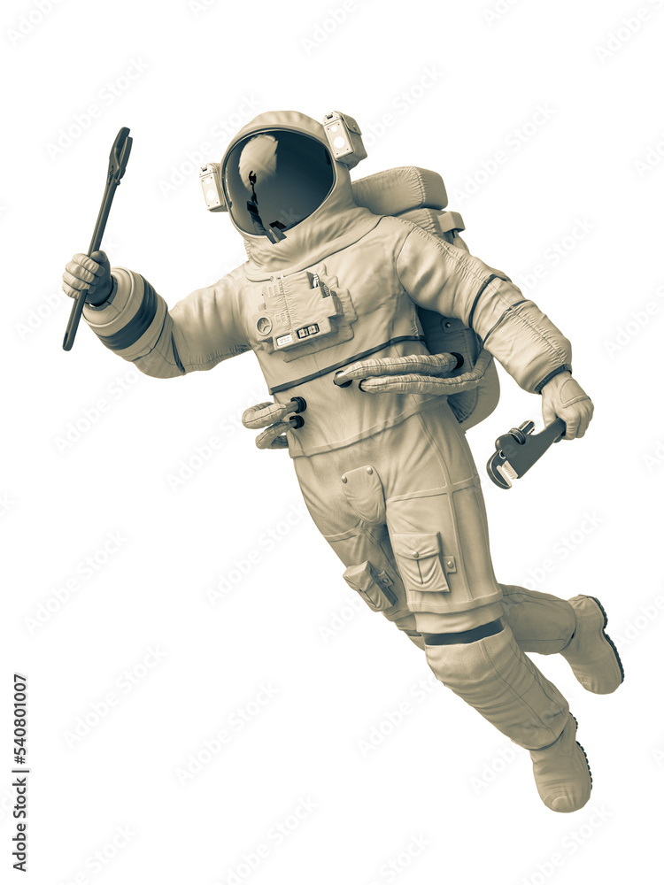 astronaut mechanic is floating with a pipe wrench on his hand