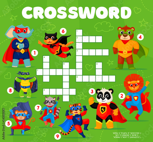 Crossword grid, superhero cartoon animal characters quiz game. Vector worksheet of find a word puzzle or riddle game with cute cat, lion and tiger, brave bear, raccoon, panda and elephant super heroes