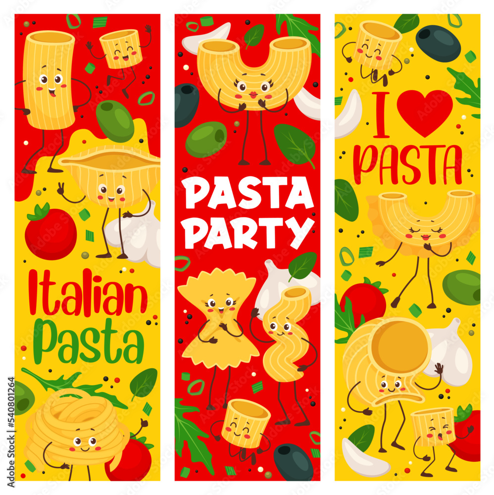Fototapeta premium Cartoon italian pasta characters banners, funny macaroni personages of Italy cuisine. Vector cute farfalle, fettuccine, rigatoni and conchiglie, cavatappi, ditalini and lumache, pasta party flyers