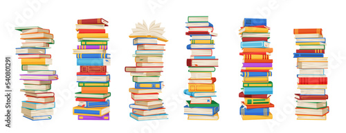 High book stacks and piles of vector books, school textbooks and bestsellers, dictionaries and encyclopedias, library or bookstore literature. Isolated stacks of cartoon books, knowledge, education