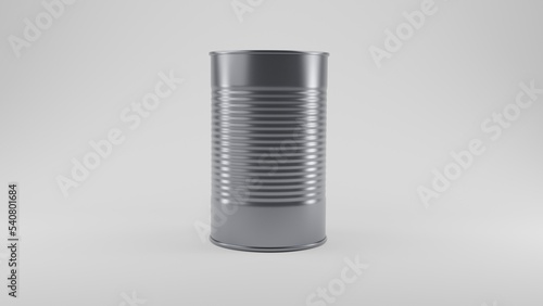 Empty cilinder steel tin can for food, fruits or vegetables in silver colour isolated on white background. Canned food concept. 3D render