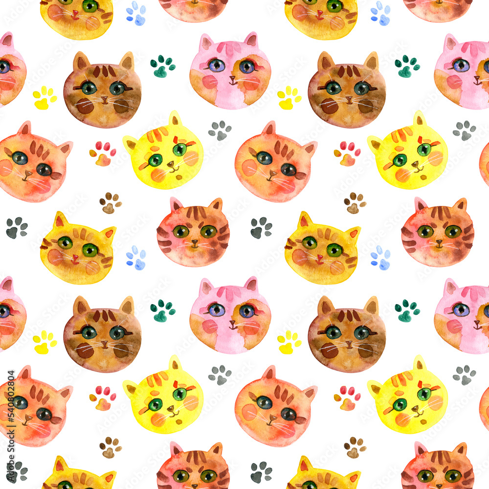 Seamless pattern of Cartoon faces of cats on a white background. Cute Cat muzzle. Watercolour hand drawn illustration. For fabric, sketchbook, wallpaper, wrapping paper.