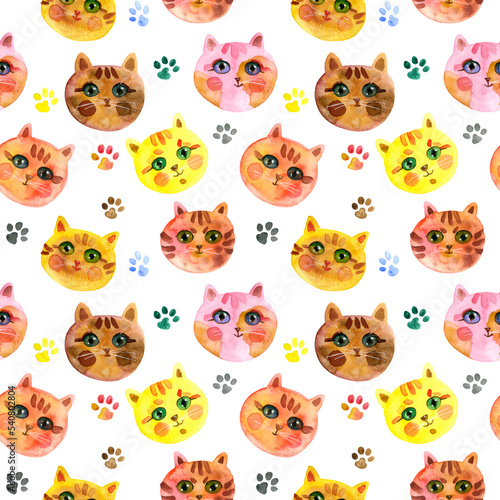Seamless pattern of Cartoon faces of cats on a white background. Cute Cat muzzle. Watercolour hand drawn illustration. For fabric  sketchbook  wallpaper  wrapping paper.