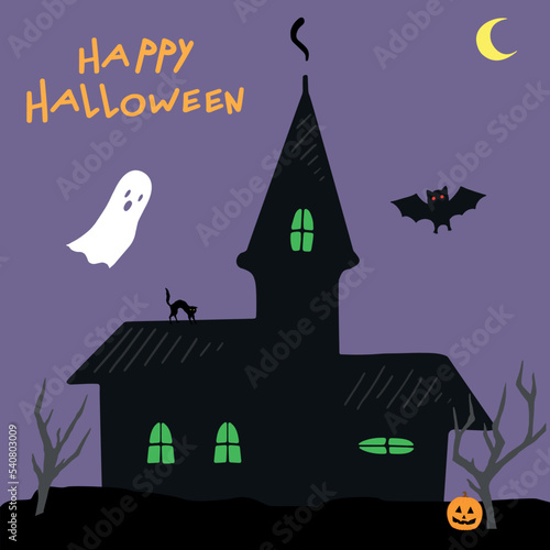 Witch house silhouette on purple background. Halloween elements. Happy Halloween. Hand drawn vector illustration