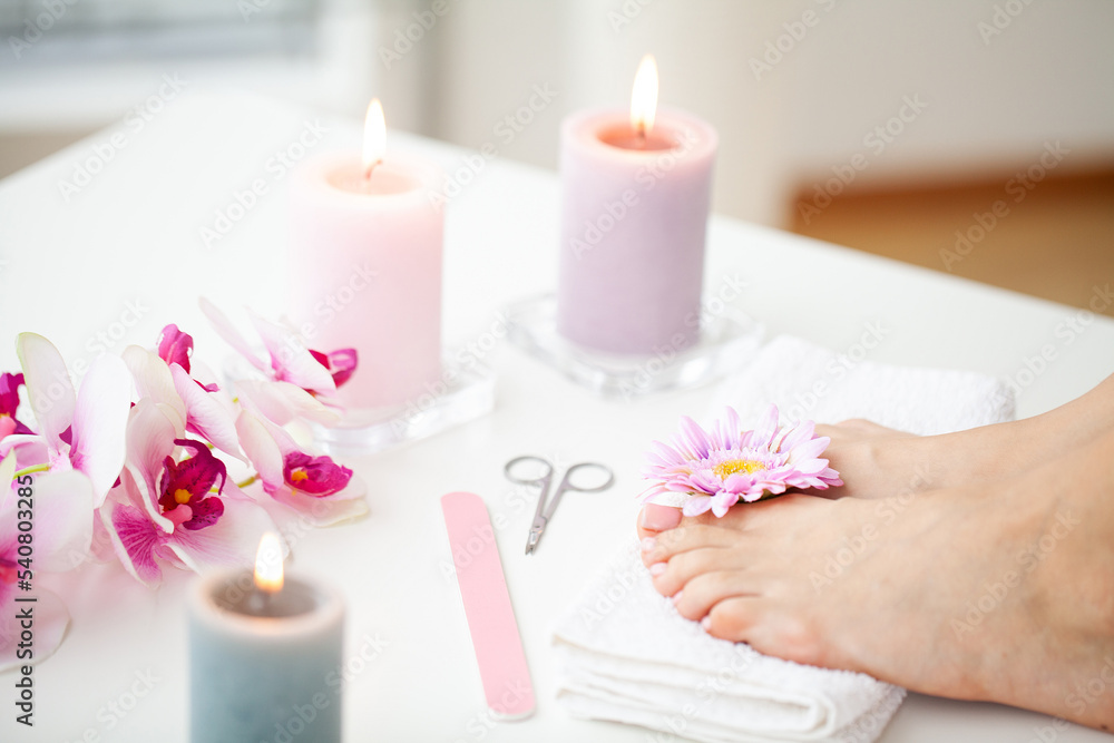 Female Feet at Spa Salon on Pedicure Procedure. Female Feet at Spa Salon on Pedicure Procedure.