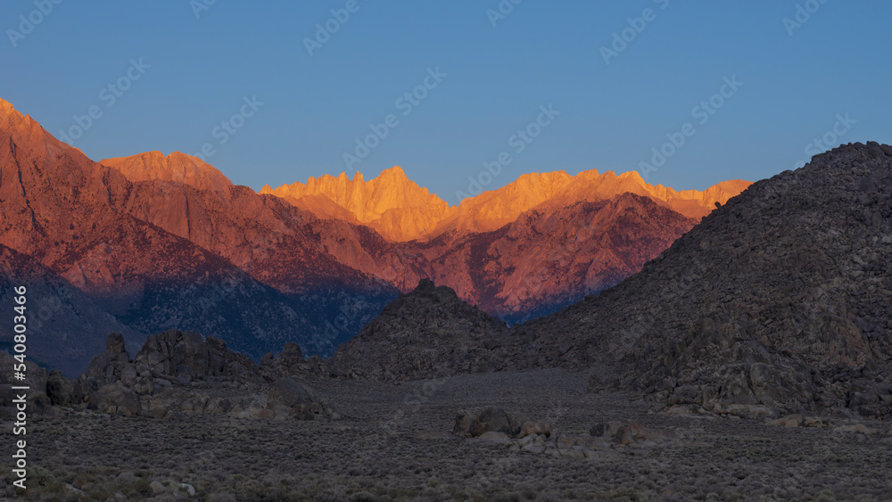Alabama Hills National Scenic Area, looking west, with the Sierra Nevada in the background, shown in Lone Pine, California, United States.