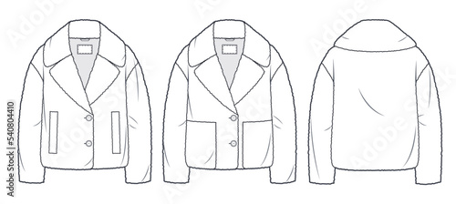 Unisex Teddy Jacket technical fashion Illustration. Cropped Fur Coat technical drawing template, button-up, pockets, front and back view, white, women, men, unisex CAD mockup set.