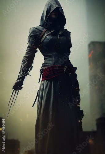 A fictional person, not based on a real person. Fantasy portrait of a militant female assassin in an ancient assassin costume. The concept of ancient warriors. 3D rendering photo