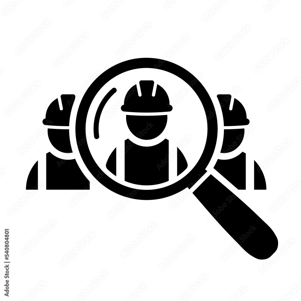 Industrial workers search icon in flat. Construction workers reseach